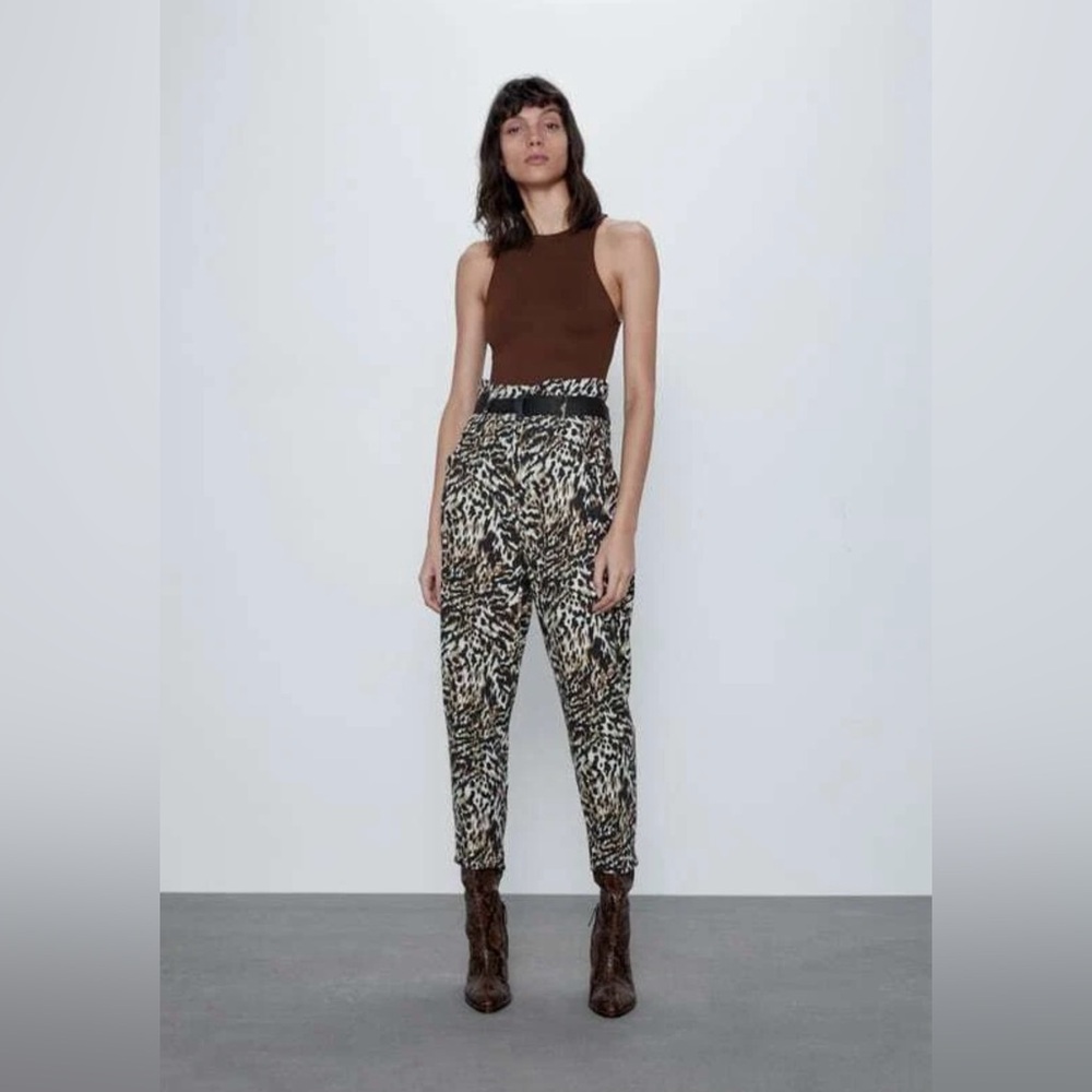 Zara high waisted animal print linen blend pants with pockets, NWOT, sz L
